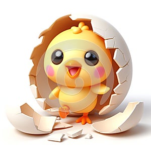 3D funny chick cartoon, in broken eggshell, on white background