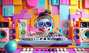 3d funny DJ with a mixer and control board making music at the party in the club