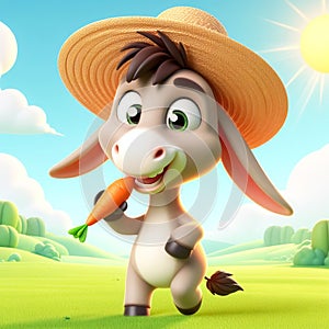 3D funny donkey cartoon eating a carrot. Fun animais for children\'s illustrations. AI generated