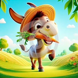 3D funny donkey cartoon eating a carrot. Fun animais for children\'s illustrations. AI generated
