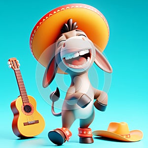 3D funny donkey cartoon singing. Fun animals for children\'s illustrations. AI generated