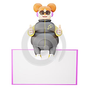 3D Funny Girl Cartoon Character sitting on a whiteboard