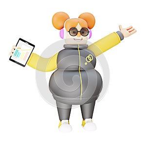 3D Funny Girl Cartoon holding a tablet