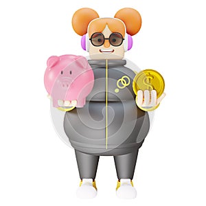 3D Funny Girl Cartoon Illustration with a piggy bank and gold coin