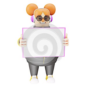 3D Funny Girl Cartoon Picture holding a whiteboard