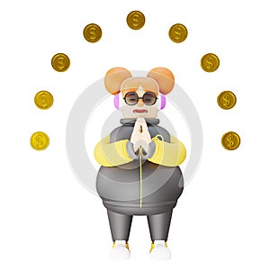 3D Funny Girl Picture standing under gold coins