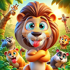 3D funny lion cartoon illustration. Animals in wild life for children\'s illustrations. AI generated