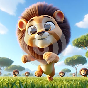 3D funny lion cartoon illustration. Animals in wild life for children\'s illustrations. AI generated