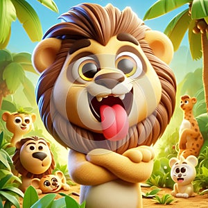 3D funny lion cartoon illustration. Animals in wild life for children\'s illustrations. AI generated