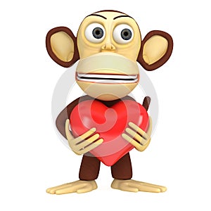 3d funny monkey with red heart