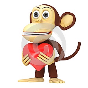 3d funny monkey with red heart