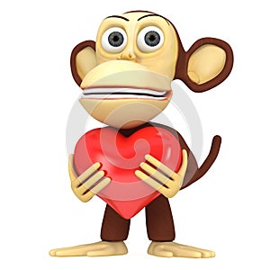 3d funny monkey with red heart