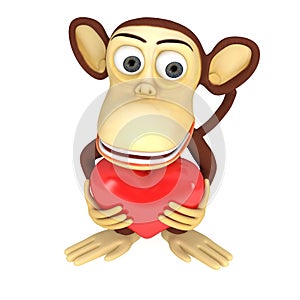 3d funny monkey with red heart