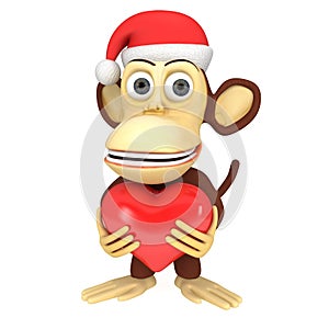 3d funny monkey santa claus with red heart