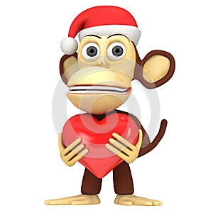 3d funny monkey santa claus with red heart