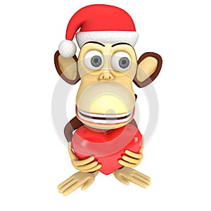 3d funny monkey santa claus with red heart