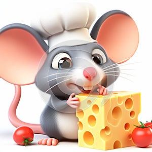 3D funny mouse chef cartoon eating cheese. Animals for children\'s illustrations. AI generated