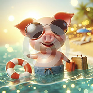 3d Funny pig in sunglasses on summer sea beach bokeh background. ai generative