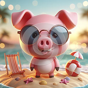 3d Funny pig in sunglasses on summer sea beach bokeh background. ai generative