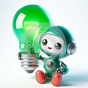 3D funny robot cartoon with green lamp. Ecology and sustainability concept. AI generated