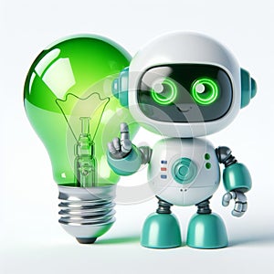 3D funny robot cartoon with green lamp. Ecology and sustainability concept. AI generated