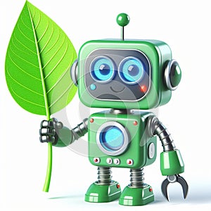 3D funny robot cartoon with green leaf. Ecology and sustainability concept. AI generated