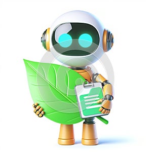 3D funny robot cartoon with green leaf. Ecology and sustainability concept. AI generated