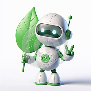 3D funny robot cartoon with green leaf. Ecology and sustainability concept. AI generated