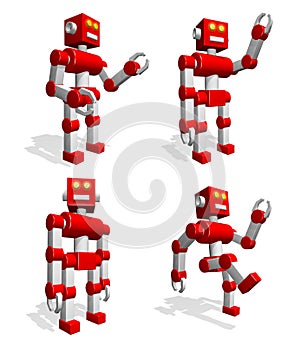 3d funny robot toy in various poses - welcomes, goes, moves his hands, stands.