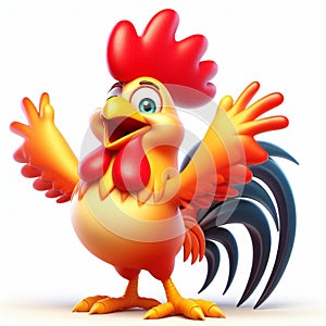 3D funny rooster cartoon. Farm animals for children illustrations. AI generated