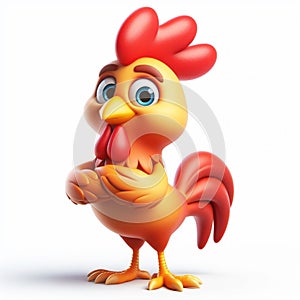 3D funny rooster cartoon. Farm animals for children illustrations. AI generated