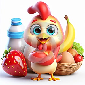 3D funny rooster cartoon. Farm animals for children illustrations. AI generated