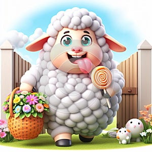 3D funny sheep cartoon. Fun animals for children\'s illustrations. AI generated