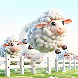 3D funny sheep cartoon jumping the fence. Fun animals for children\'s illustrations. AI generated