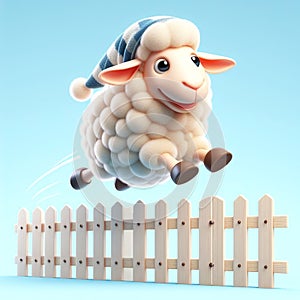 3D funny sheep cartoon jumping the fence. Fun animals for children\'s illustrations. AI generated