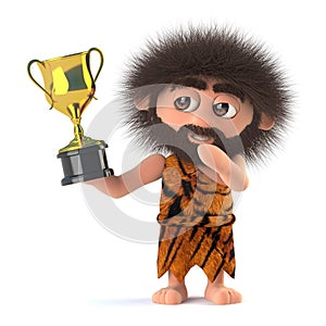 3d Funny stoneage caveman has won the gold cup trophy award