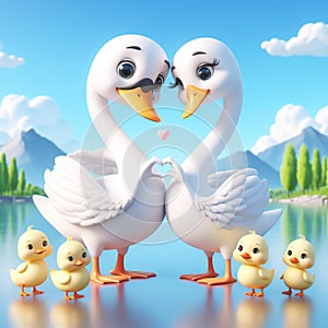 3D funny swan couple in love cartoon. Fun animals for children\'s illustrations