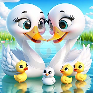 3D funny swan couple in love cartoon. Fun animals for children\'s illustrations