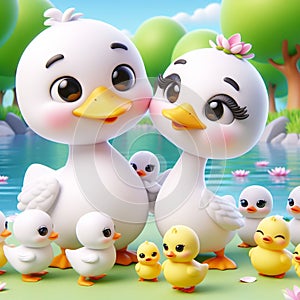 3D funny swan couple in love cartoon. Fun animals for children\'s illustrations