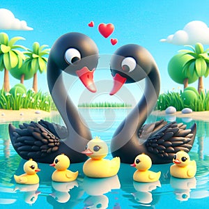 3D funny swan couple in love cartoon. Fun animals for children\'s illustrations