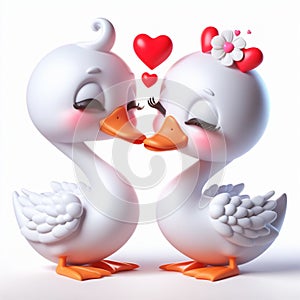 3D funny swan couple in love cartoon. Fun animals for children\'s illustrations. AI generated