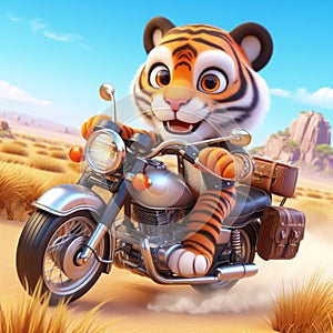 3D funny tiger cartoon riding a motorbike. Fun animals for children\'s illustrations. AI generated