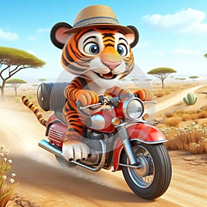 3D funny tiger cartoon riding a motorbike. Fun animals for children\'s illustrations. AI generated