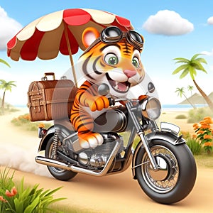 3D funny tiger cartoon riding a motorbike. Fun animals for children\'s illustrations. AI generated