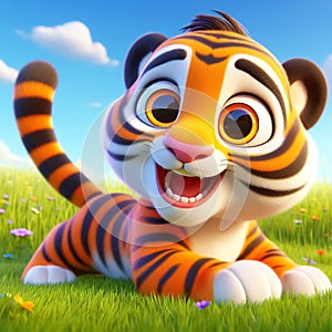 3D funny tiger cartoon. Wild animals for children\'s illustrations. AI generated