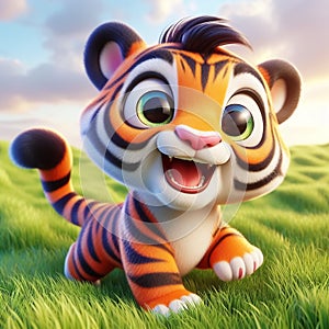 3D funny tiger cartoon. Wild animals for children\'s illustrations. AI generated