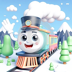 3D funny train locomotive cartoon for illustrations for children. AI generated