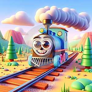 3D funny train locomotive cartoon for illustrations for children. AI generated