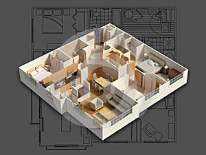 3D Furnished House Interior on a Blueprint