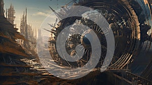 3D futuristic background. Sci-fi city. The Wheel of Doom. plane turbine